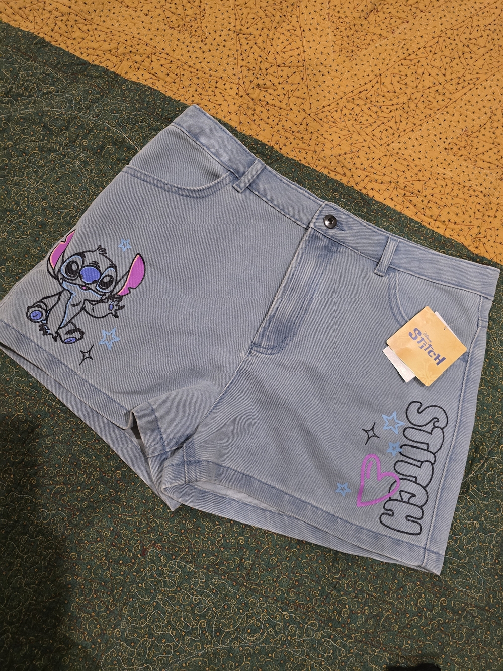 Stitch Light Blue Denim Jean Shorts with Character Print Size 14/16